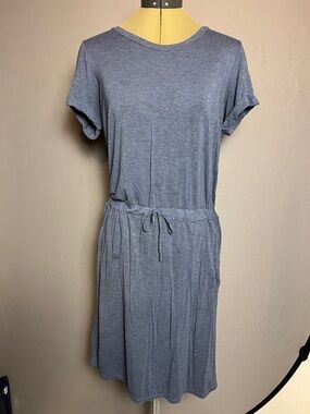 Casual Drawstring Midi Dress - Heather Slate Blue with pockets